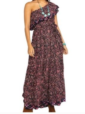 Free People One-Shoulder Floral Maxi Dress in Black and Pink